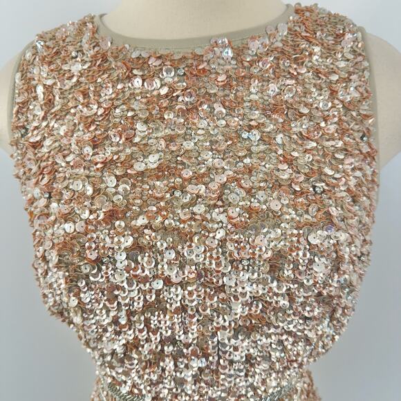 Mac Duggal Sequin Sleeveless Sheath Midi Cocktail Dress in Beige Rose Gold 8 - Picture 5 of 14